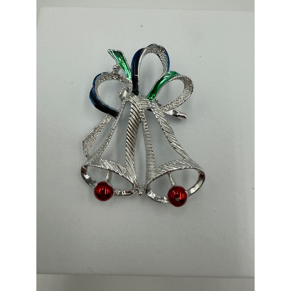 Vintage Gerrys Christmas Bells Brooch Silver Tone Enamel Holiday Pin‎ Blue Green